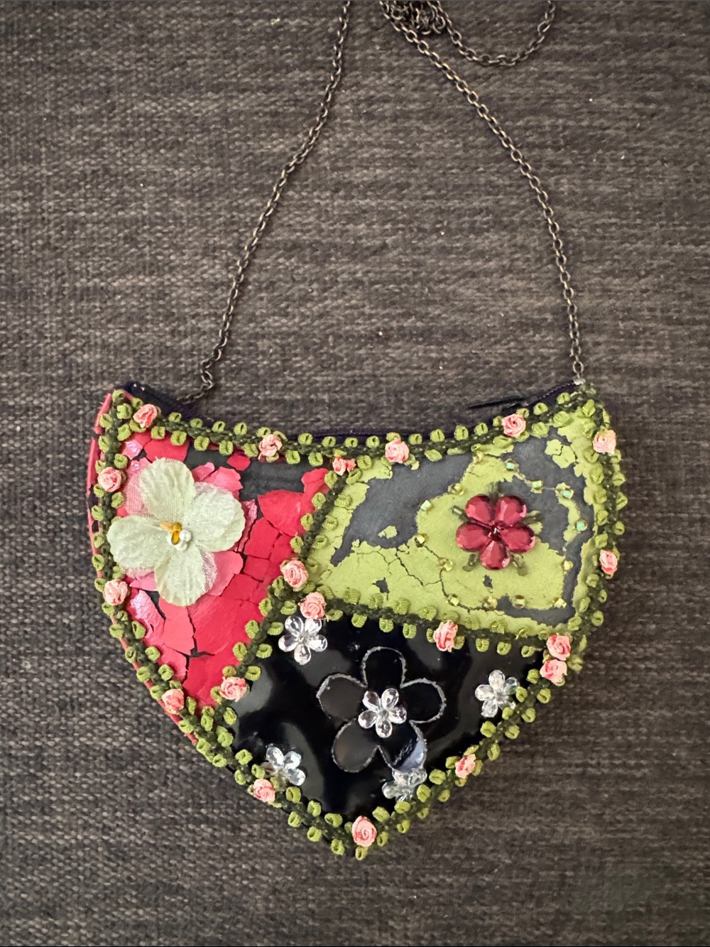 Vintage Mary Frances Floral Patchwork Beaded Crossbody Bag - Pink, Lime & Black - Picture 2 of 3
